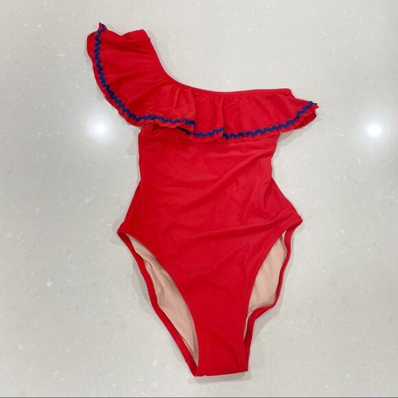 NWT J Crew Rickrack Ruffle One Shoulder One Piece Bathing Suit Red Blue XS - Picture 2 of 9
